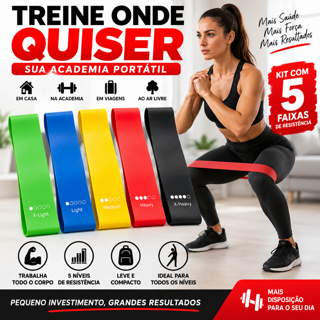 Kit 5 Faixas Elásticas com Níveis de Resistência | Treino em Casa, Academia, Pilates e Musculação