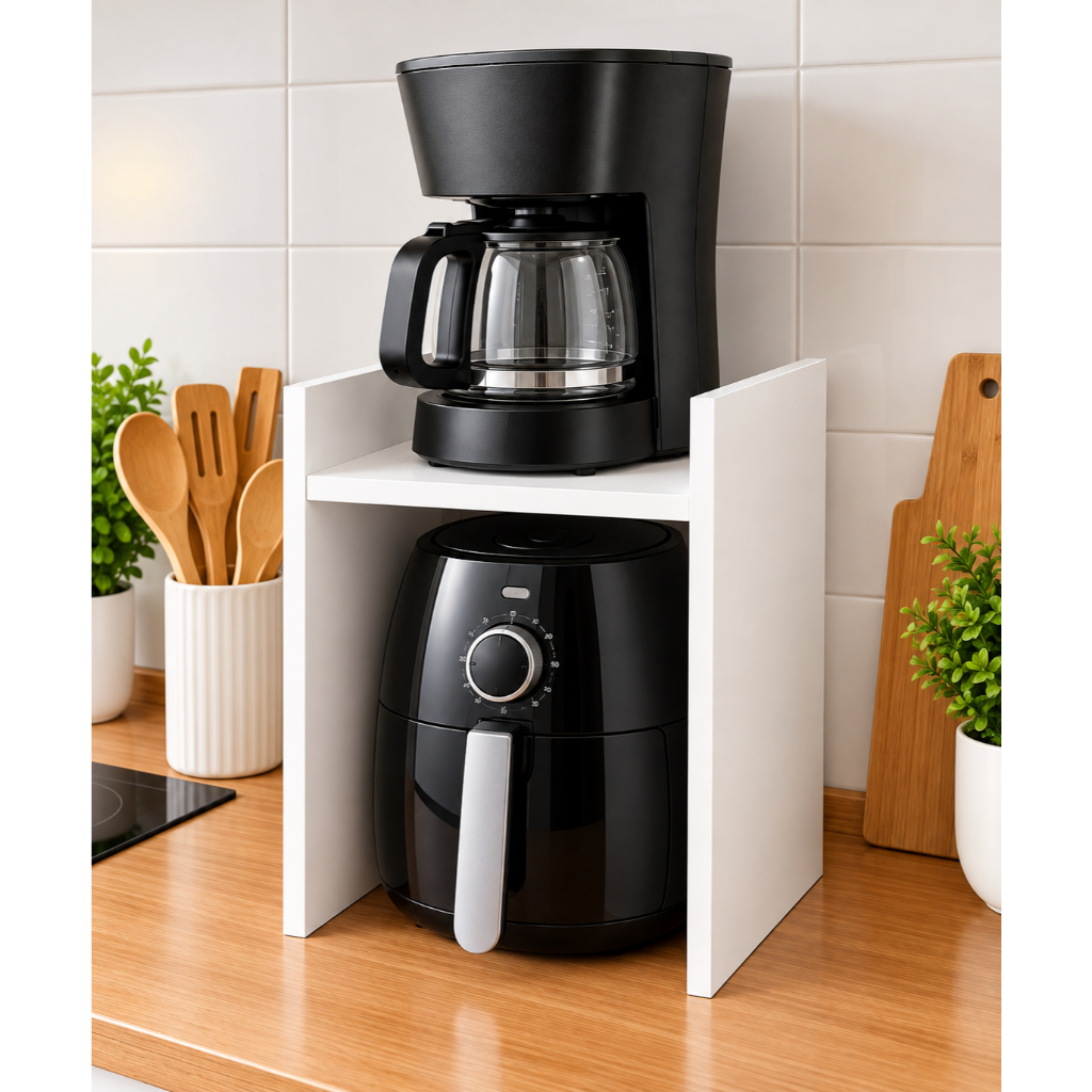 Suporte Organizador para Air Fryer e Cafeteira OU Utensílios 100% MDF Branco Cozinha Compacta Multiuso Já Vai Montado