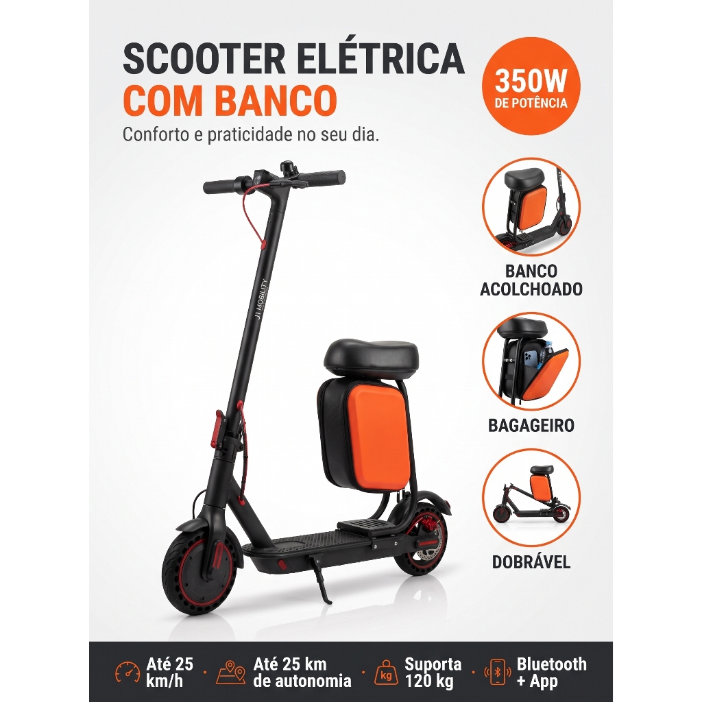Patinete Eletrico com Banco 350W Recarregavel Scooter com Acento e Mochila 25 km/h e 120 Kg