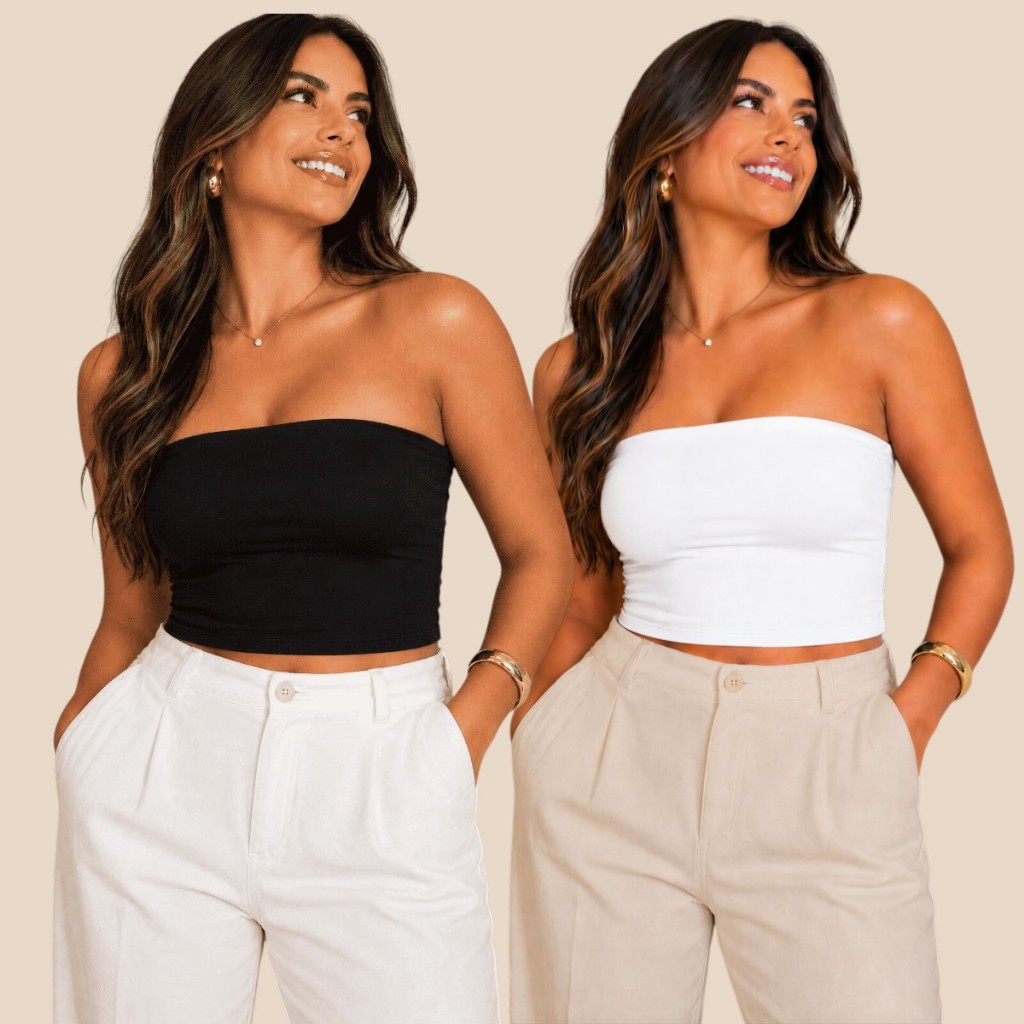 Kit 2 Top Tube Cropped Faixa Tomara que Caia Básico Feminino Suplex Premium