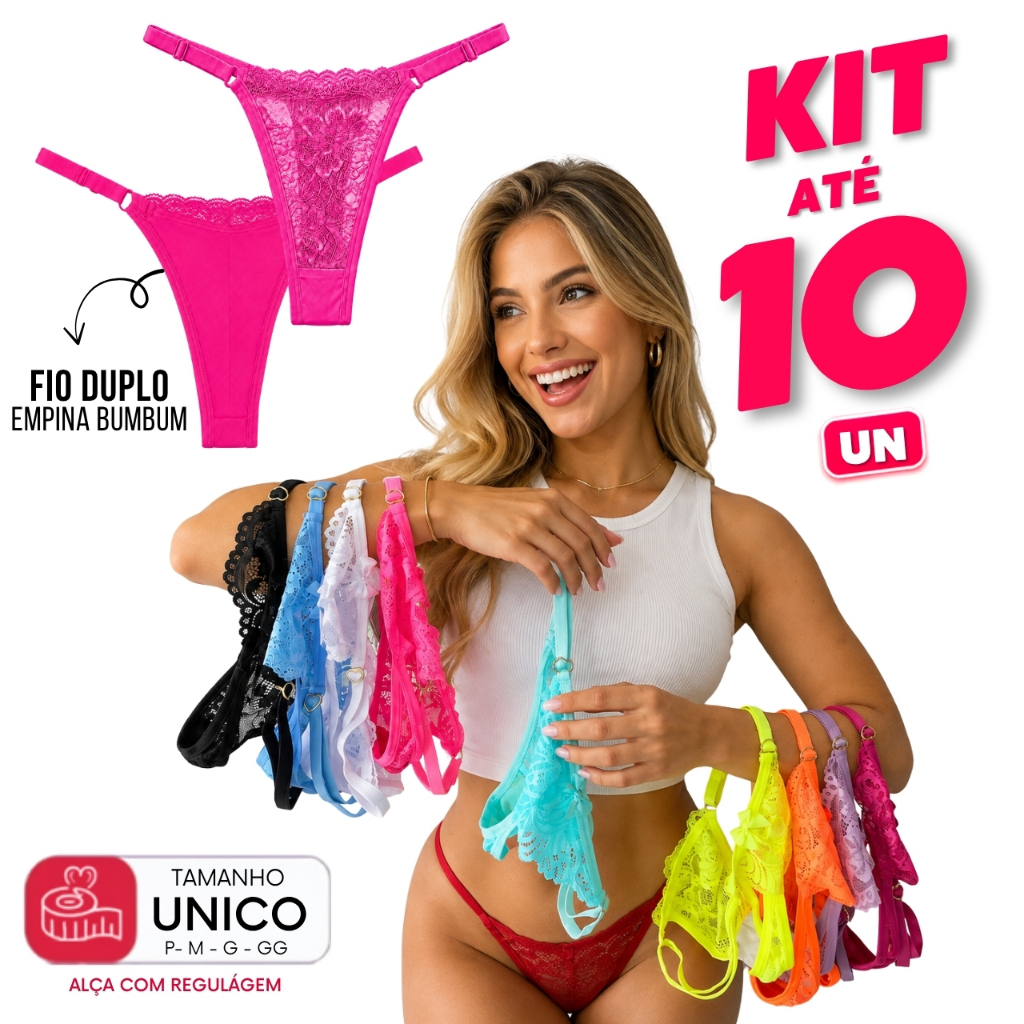 Kit 5/10 Calcinhas com Regulagem Fio Duplo Empina Bumbum Renda Lingerie Feminina Noemi