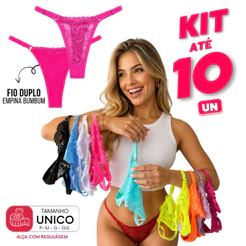 Kit 5/10 Calcinhas com Regulagem Fio Duplo Empina Bumbum Renda Lingerie Feminina Noemi