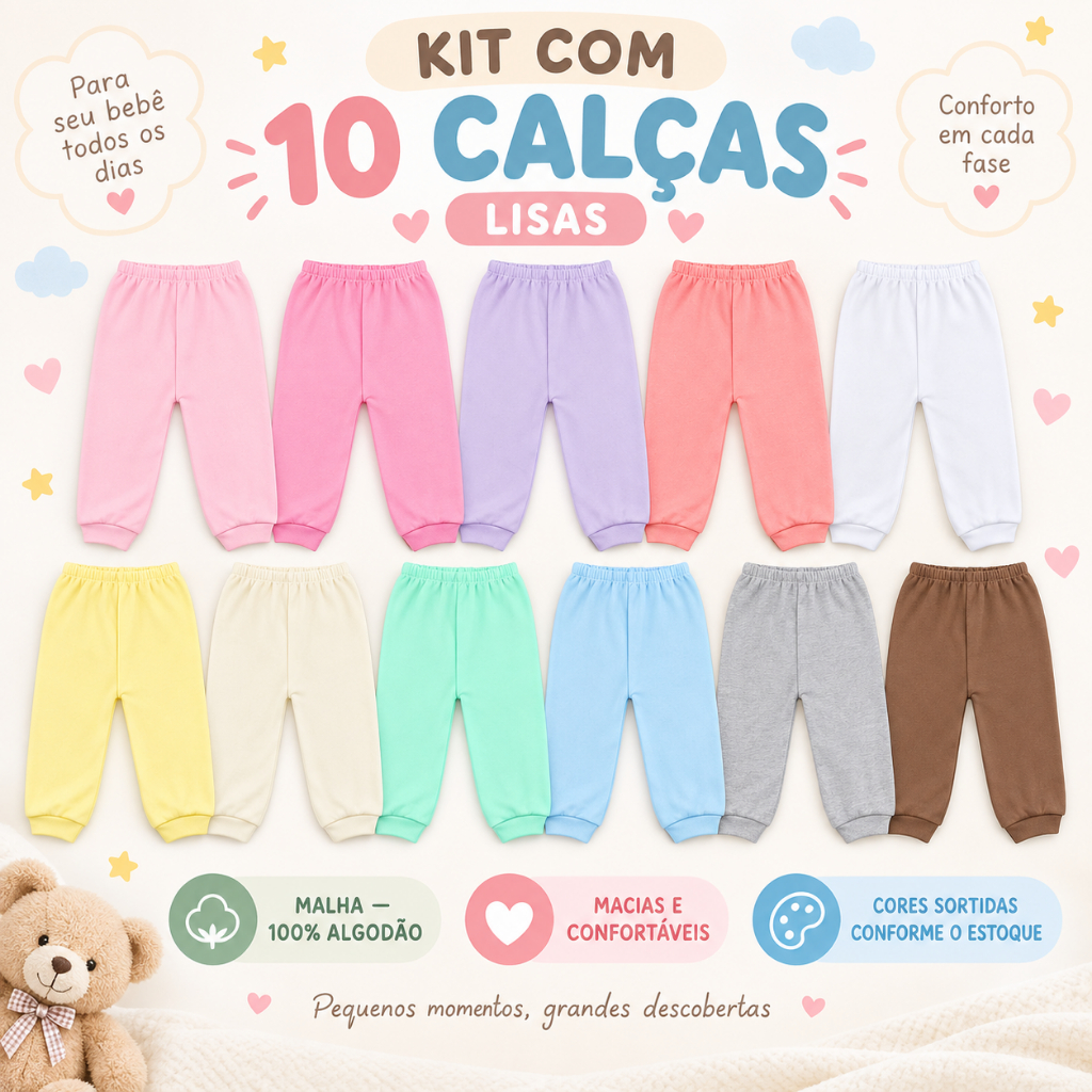 Kit 10 Calças Mijão Bebê Infantil | Liso | 100% Algodão | Feminino Masculino Unissex