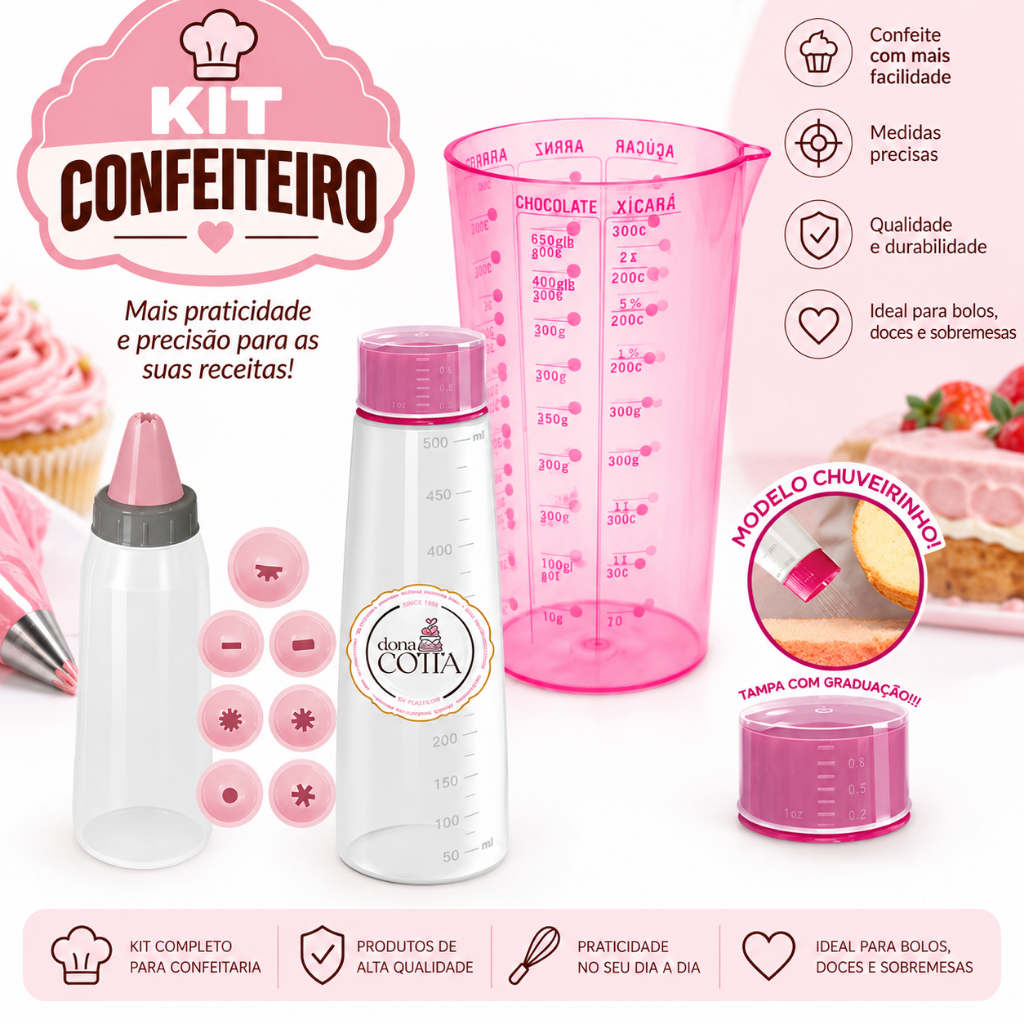 Kit Confeiteiro Regador de Massas Chuveirinho 500ml + Copo Medidor Graduado 570ml + Decorador de Bolo 6 Bicos Confeitar