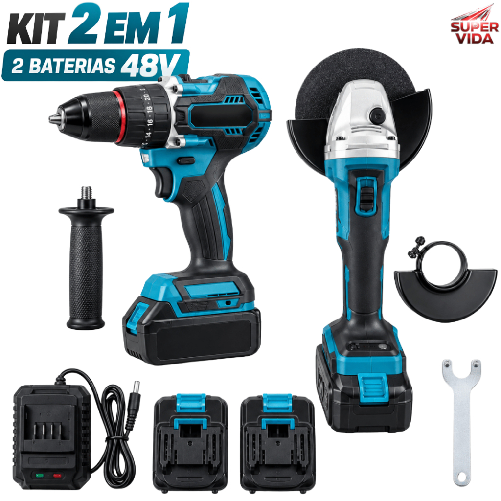 Kit Ferramentas 2 em 1 Luatek 48V Parafusadeira 25N.m Esmerilhadeira Sem Fio 800W 2 Baterias