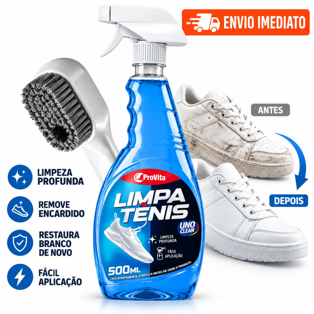 Kit Limpa Tênis Spray Premium 500ml + Escova Limpa Sapato Remove Manchas Sujeira Pesada Solado Encardido Calçado Branco