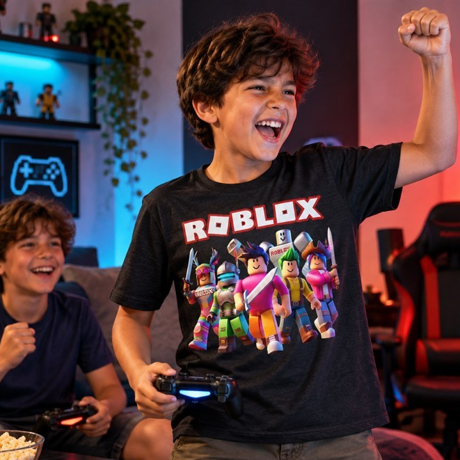 Camiseta Infantil Roblox Menino Preta Estampada Manga Curta Gamer Casual