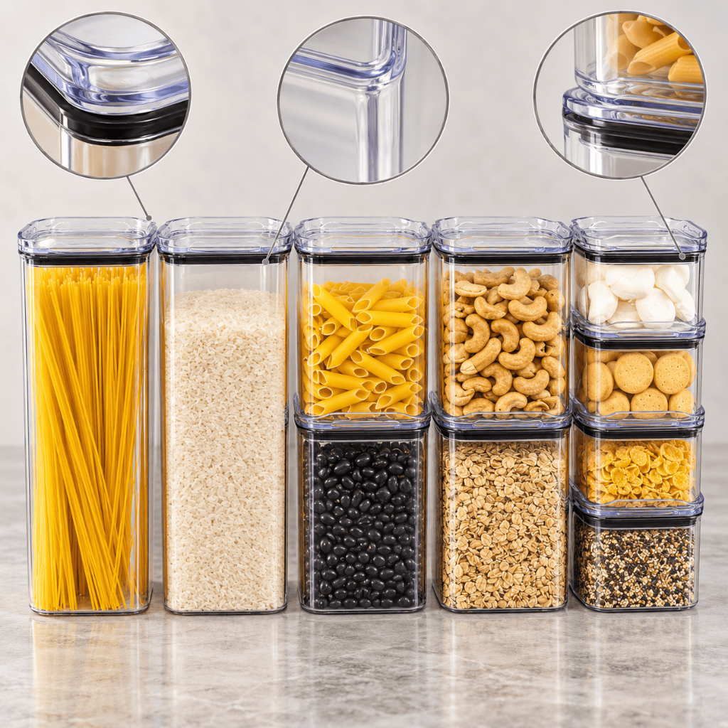 Kit 10 Potes Herméticos Organizadores Empilháveis de Acrílico Transparente Porta Mantimentos Cozinha Arroz Cereais Doces