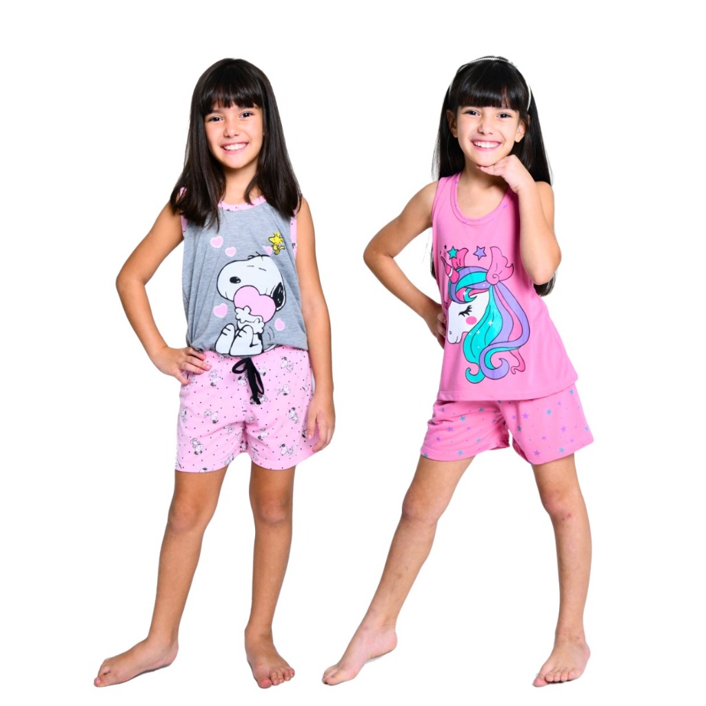 Kit 2 Pijamas Infantil Menina Verão Personagem Regata E Short Doll Estampado Envio Rápido