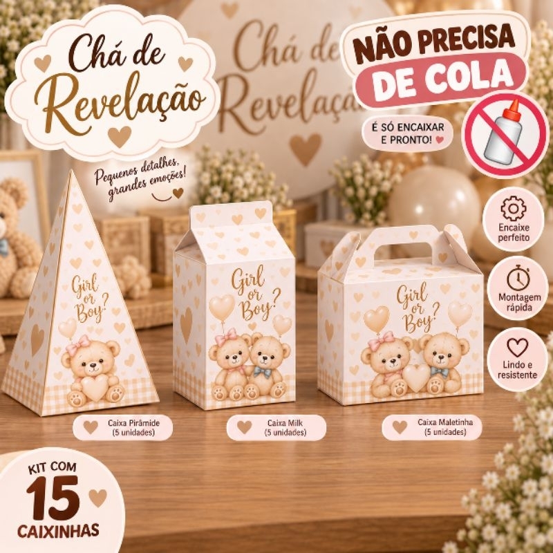 Kit 15 Caixinhas Chá Revelação Girl or Boy – Milk Pirâmide e Maletinha para Lembrancinhas - Monte em casa
