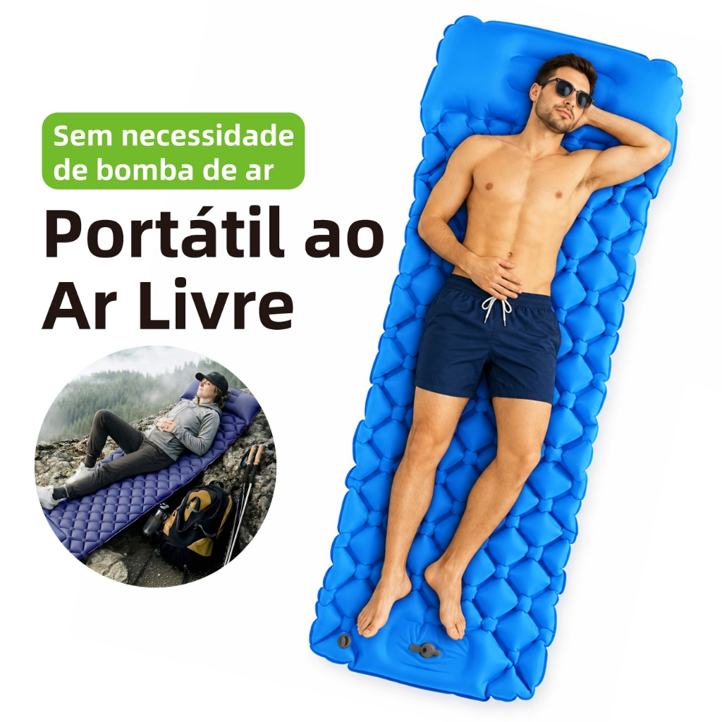 Colchão Inflável Automático 190cm, Bomba Embutida c/ Travesseiro, Impermeável Portátil Camping Praia Viagem