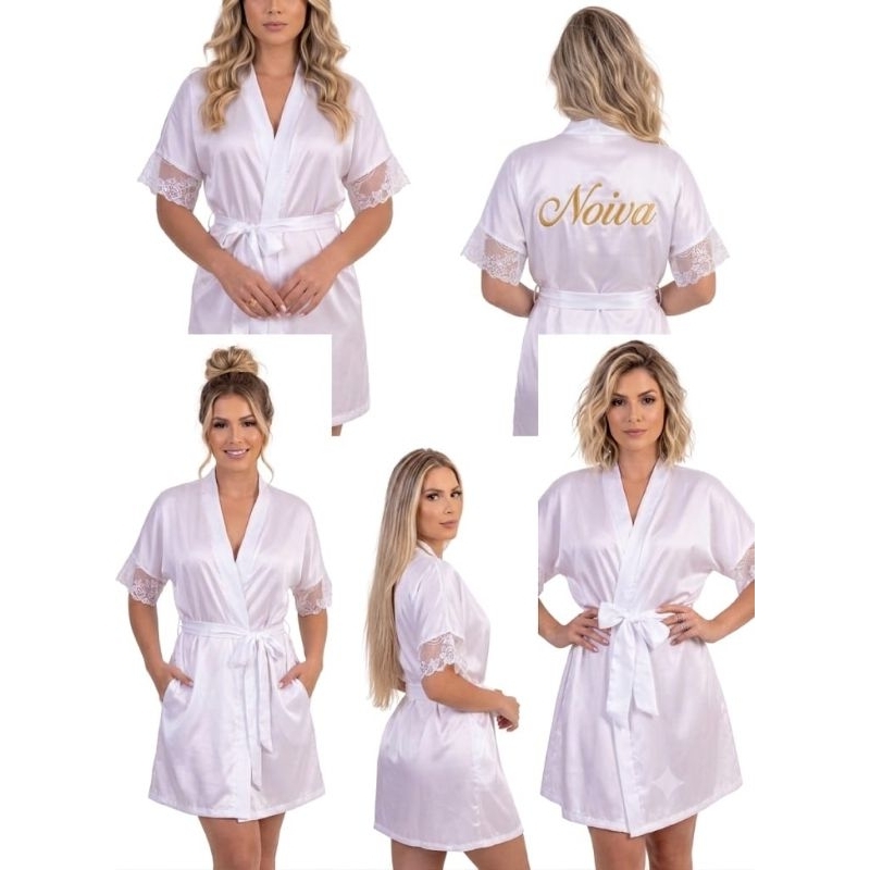 Robe Roupão Com Renda Noiva Feminino Longo Cetim Manga