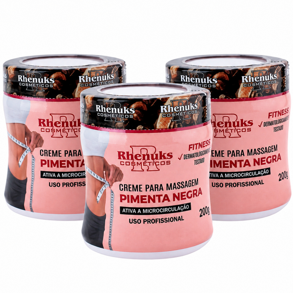 Kit 3 Cremes Massagem Pimenta Negra Rhenuks 200g Queima Gordura Celulite Redutor De Medidas