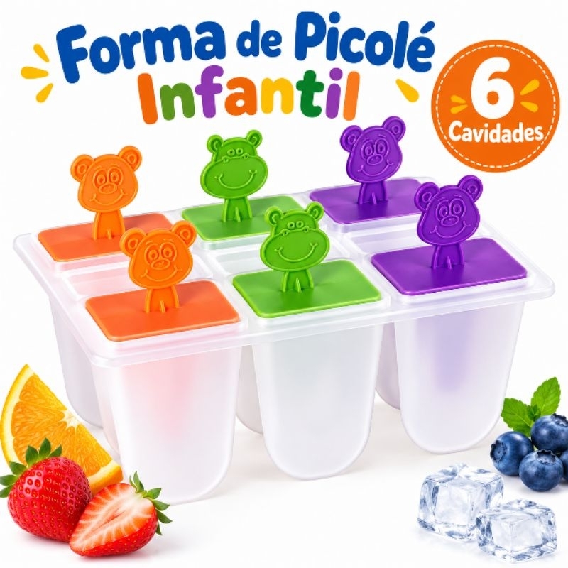 Forma Picolé Infantil 6 Cavidades Palitos Bichinhos Coloridos Plástico Reutilizável Sorvete Geladinho Caseiro Verão