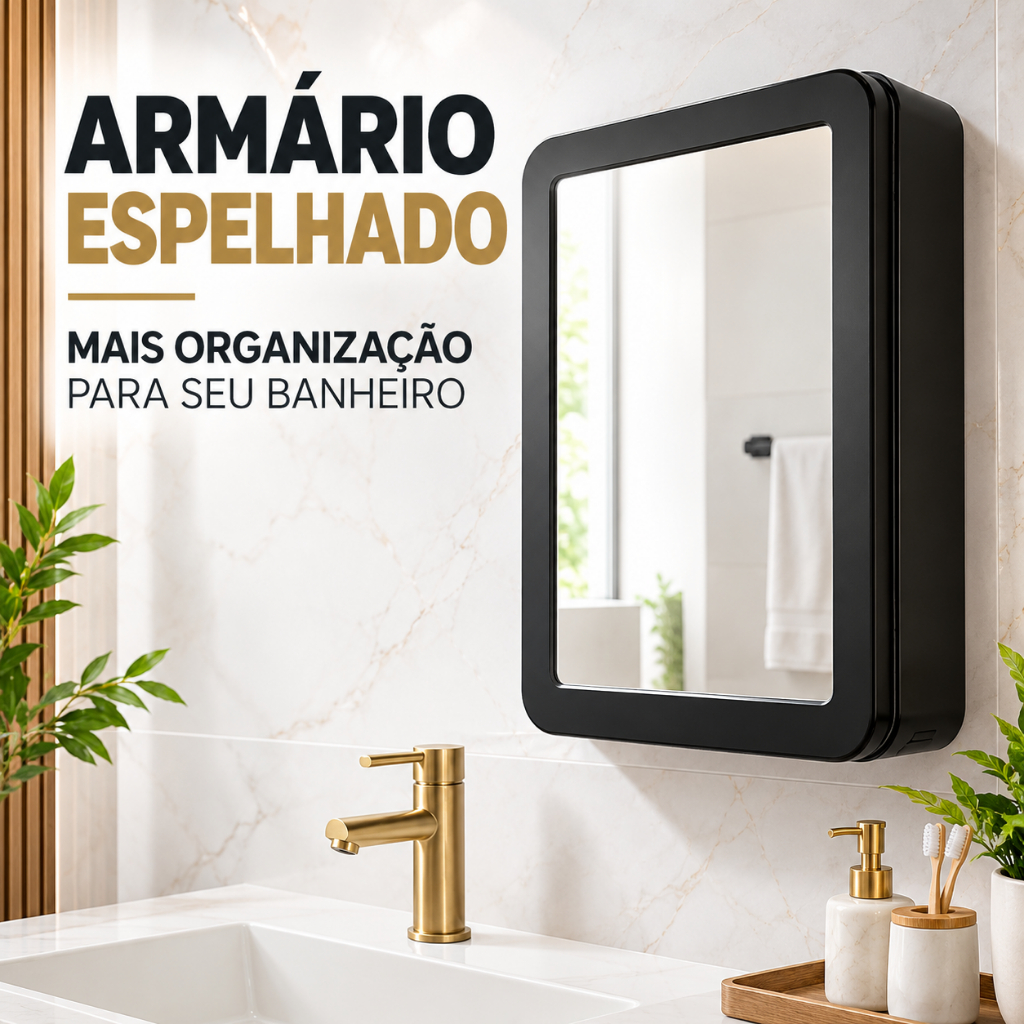 Armário Banheiro com Espelho Organizador Compacto Sobrepor Preto Branco Fácil  Instalação.
