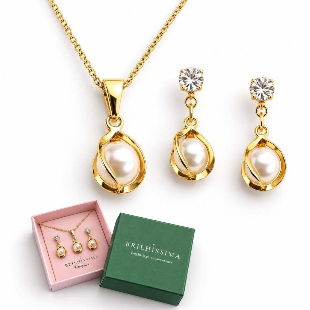 Conjunto kit colar e brinco perola banhado a ouro pedra stras presente
