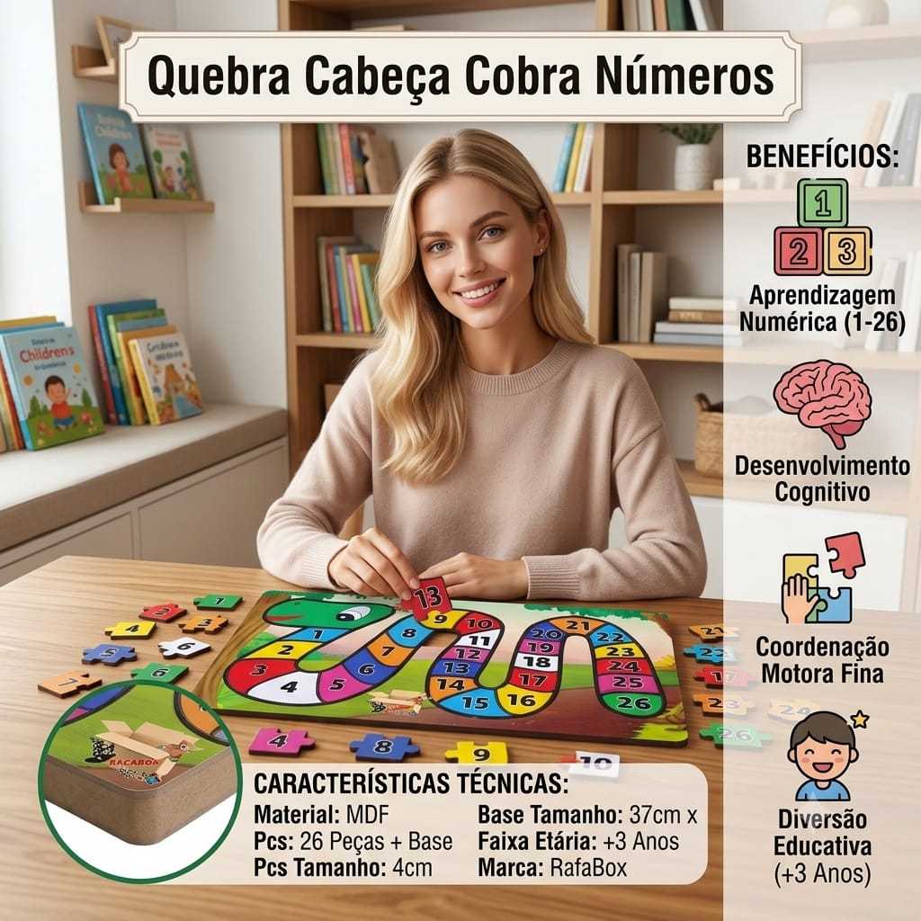 Brinquedo Pedagógico Educativo Em Madeira Quebra Cabeça Cobra Cobrinha Alfabetização Números