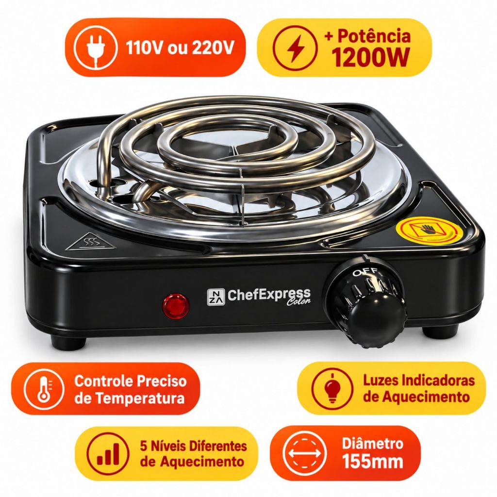 Fogão Elétrico de Mesa 1200W 1 Boca Fogareiro Portátil Cooktop 110V 220V Prático Camping Viagem ChefExpress