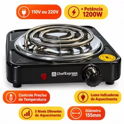 Fogão Elétrico de Mesa 1000W 1 Boca Fogareiro Portátil Cooktop 110V 220V Prático Camping Viagem ChefExpress