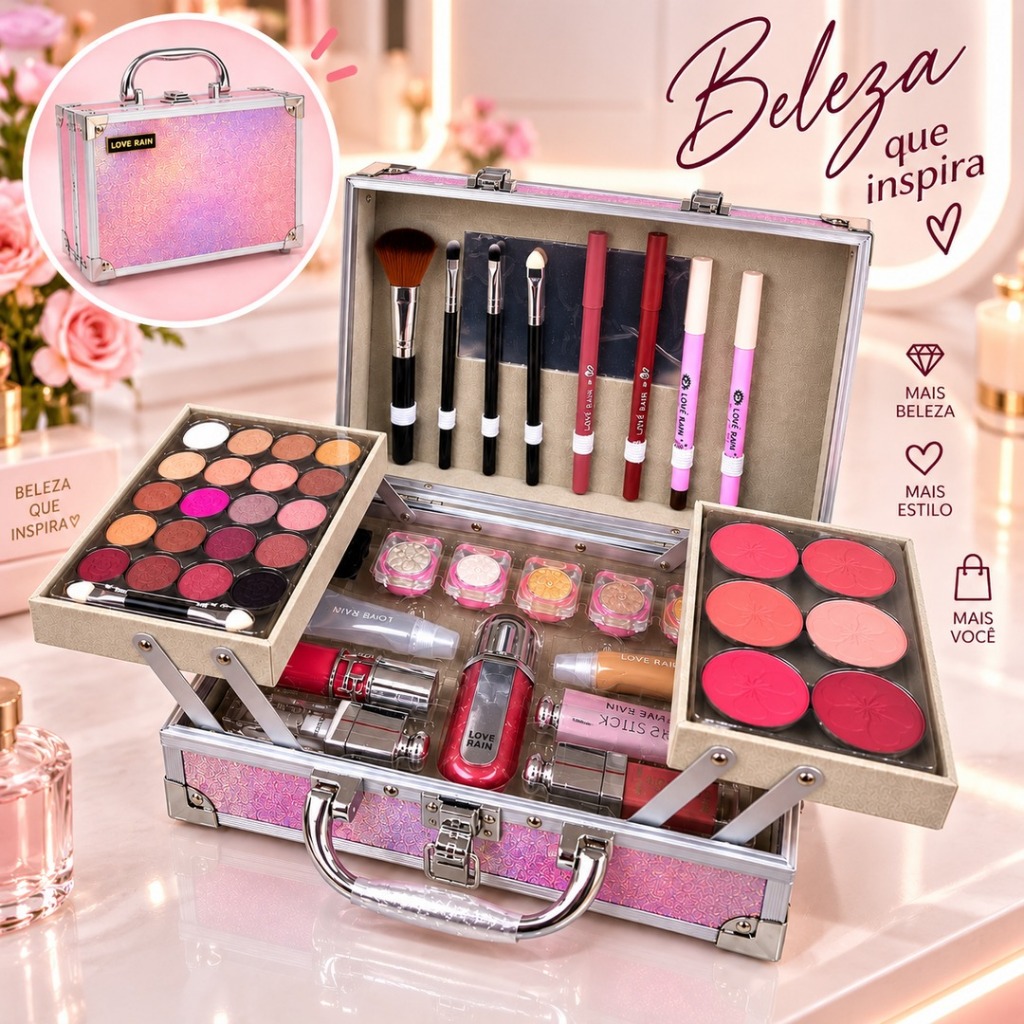 Maleta de Maquiagem Love Rain Completa com Paleta de Sombras, Blush, Batons e Pincéis