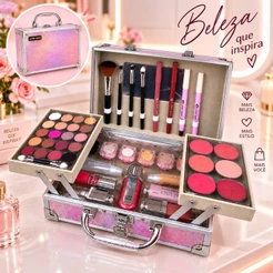Maleta de Maquiagem Love Rain Completa com Paleta de Sombras, Blush, Batons e Pincéis