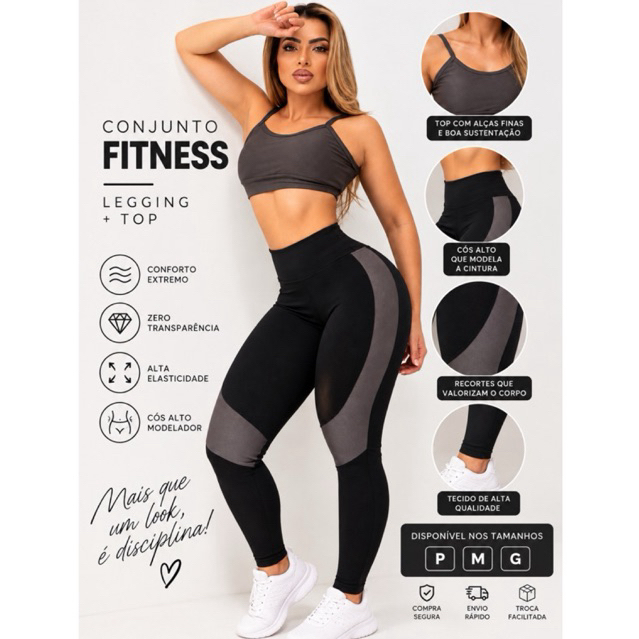 Conjunto Fitness Feminino Legging + Top Poliamida Premium Zero Transparência Academia Corrida Preto e Cinza