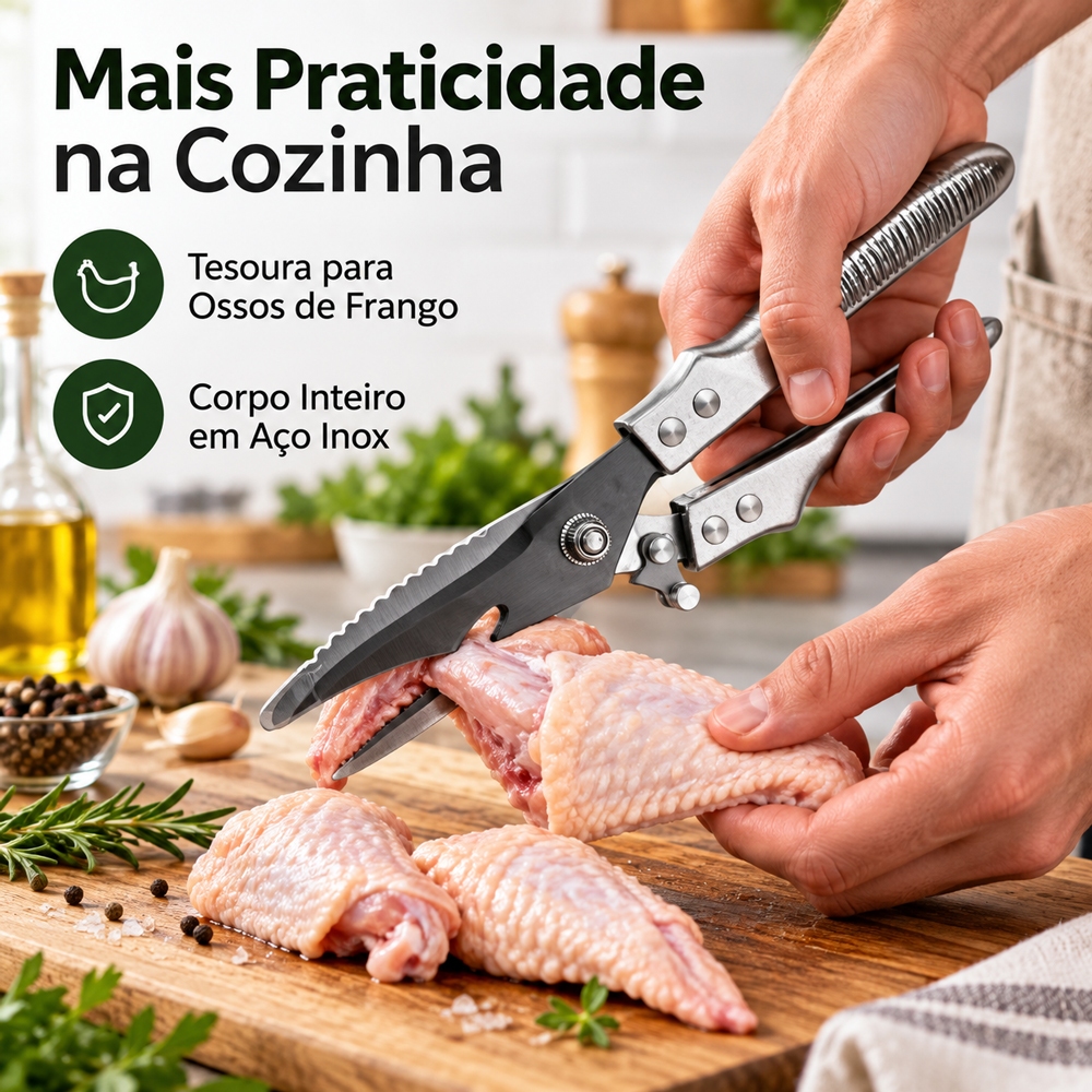 Tesoura de Cozinha Multifuncional em Aço Inoxidável para Frango, Carne, Peixe e Legumes com Quebra-Nozes Integrado 240g