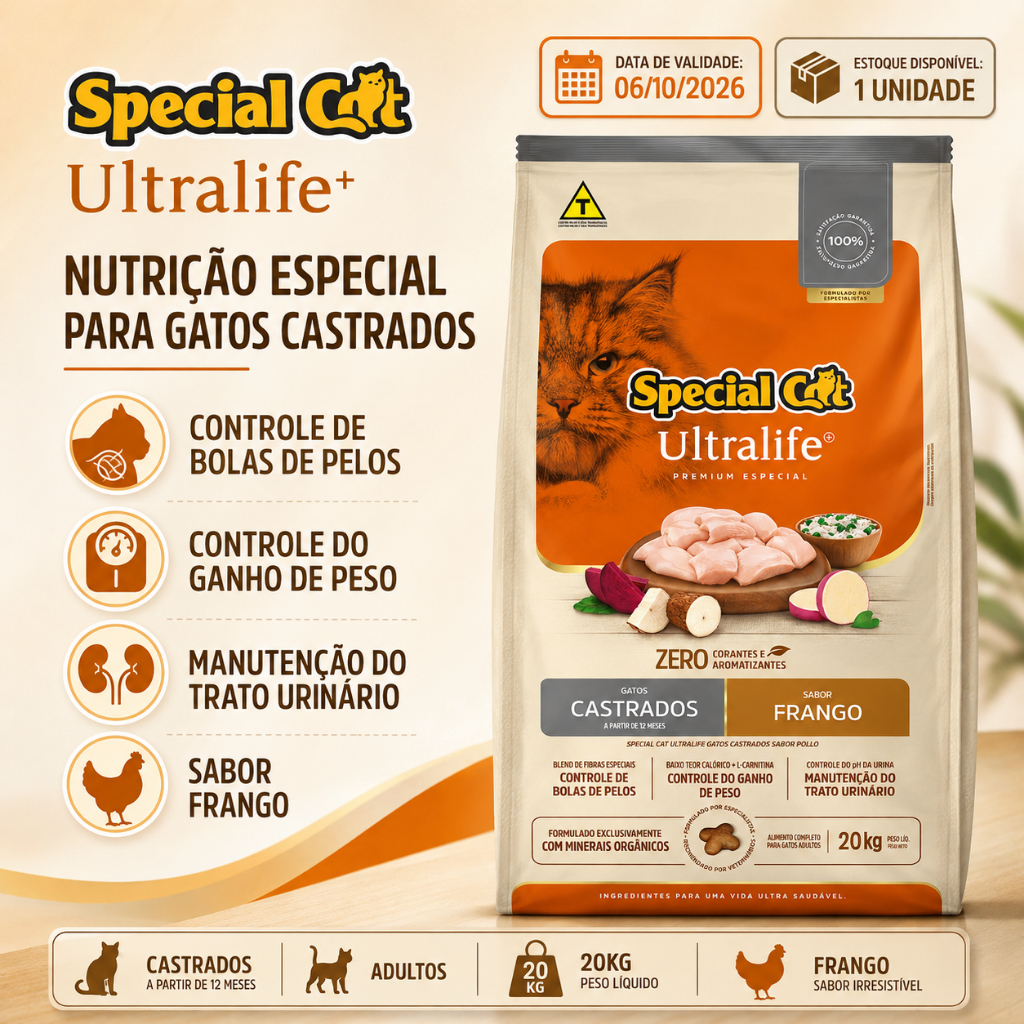 Ração Special Cat Ultralife Gatos Castrados 20kg sabor Frango, Batata-Doce, Mandioca, Beterraba, Ervilha e Arroz