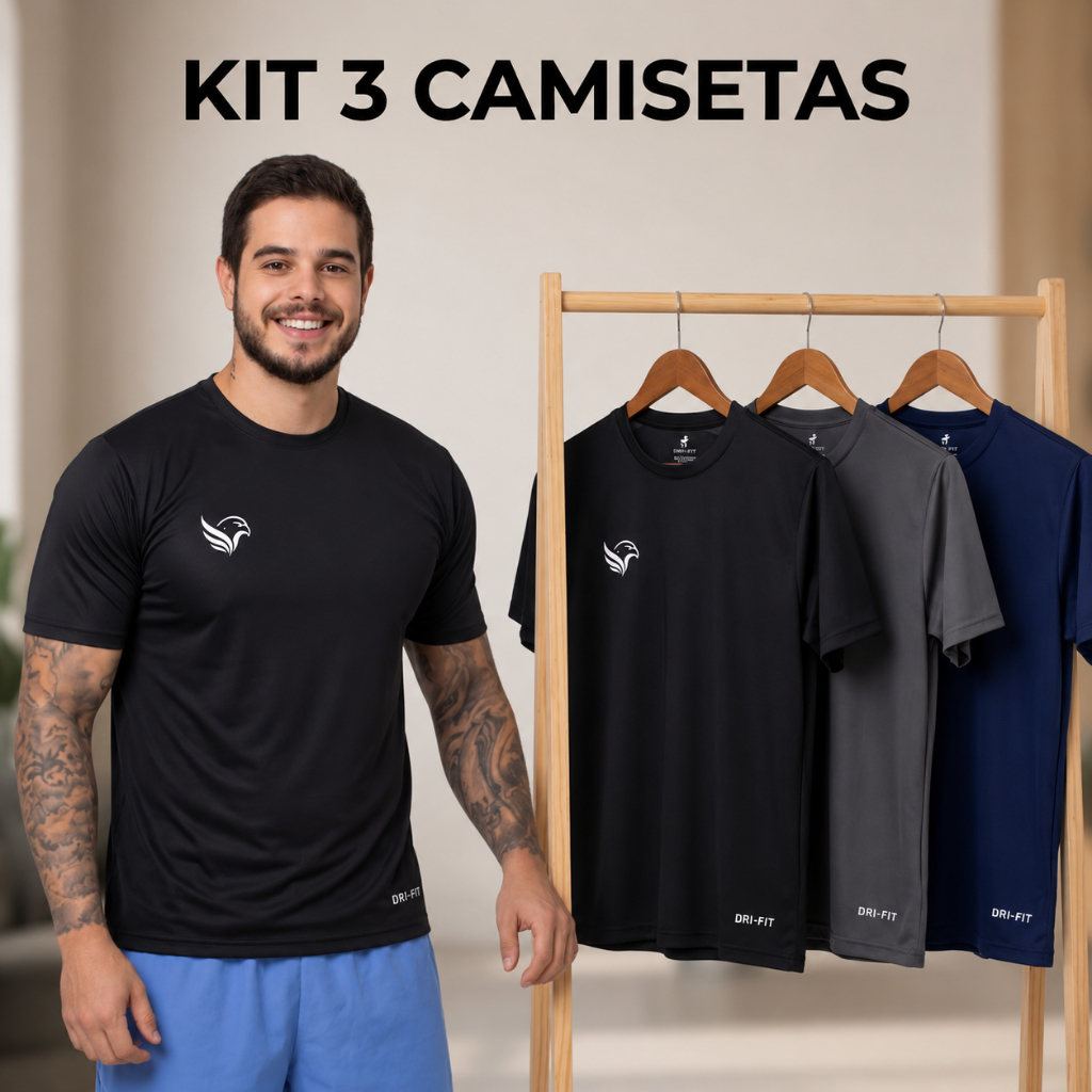 Kit 3 Camisetas Masculina Dry Fit Esportiva Leve Confortável