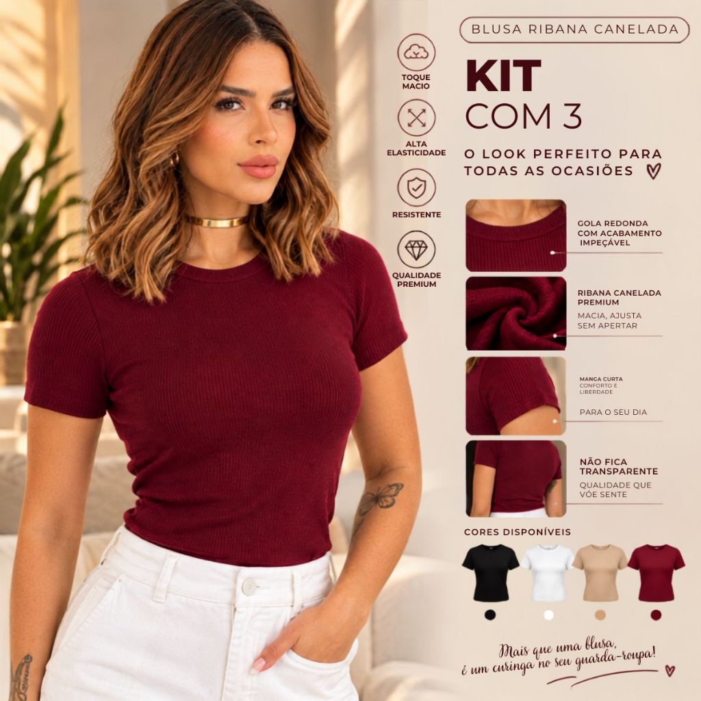 kit 3 Blusas Feminina Ribana Canelado Premium Casual Estilosa Tendência Verão Camiseta T-Shirt