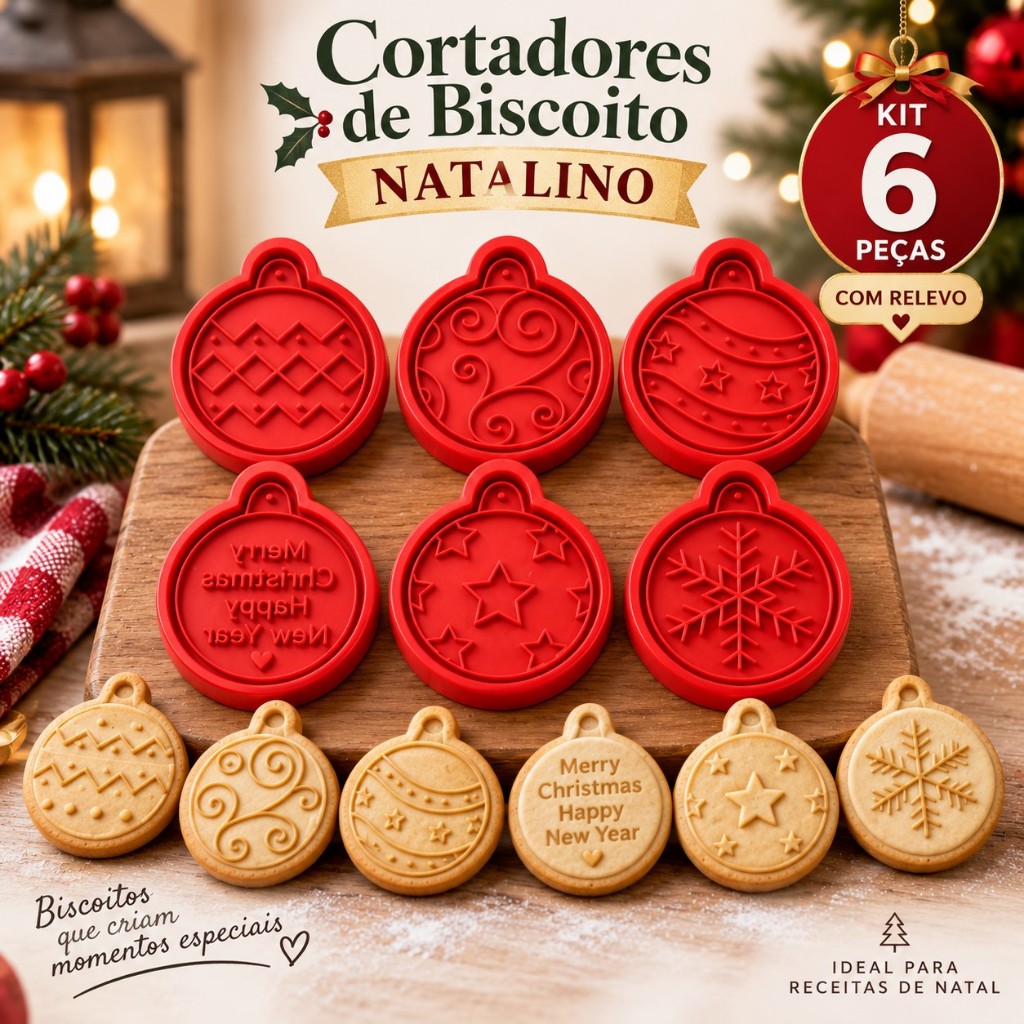 Cortador de Biscoito Natalino Kit 6 Peças 6cm Bola de Natal com Relevo