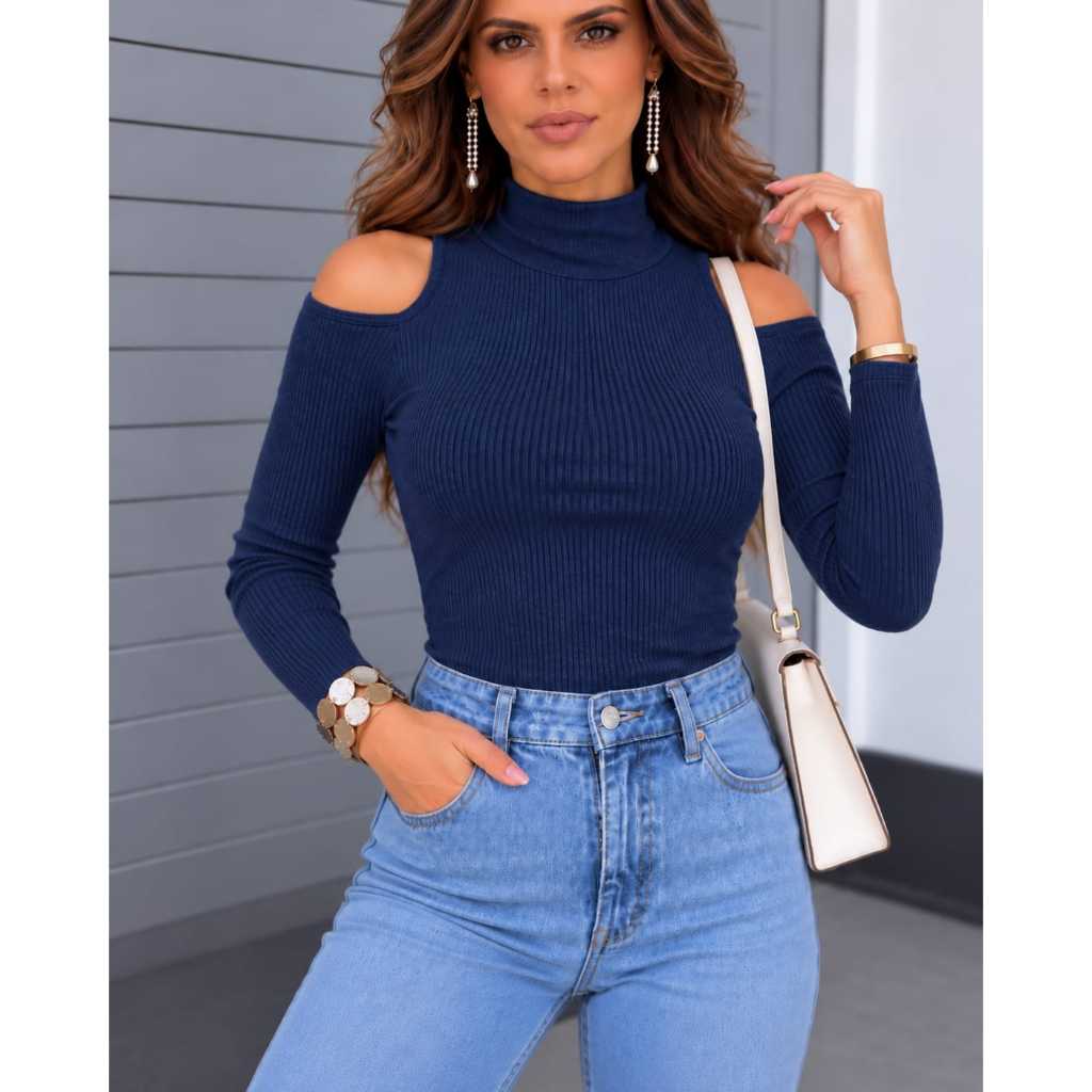 Blusa Feminina Canelada Decote No Ombro Manga Longa Blusinha Elegante