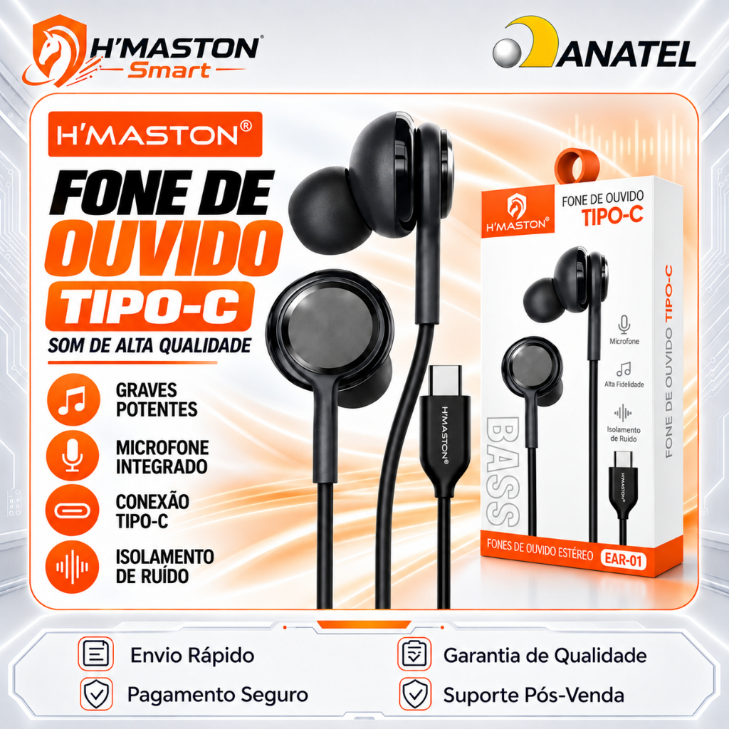H'MASTON EAR-01 Fone De Ouvido Com Fio Tipo C Fone De Ouvido Tipo C Fone De Fio Fone Ouvido Fone Com Fio Tipo C