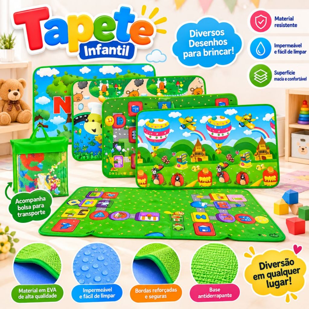 Tapete de Atividades Dupla Face Educativo Infantil Figuras Coloridas Brinquedo Tapete Térmico Dutoys