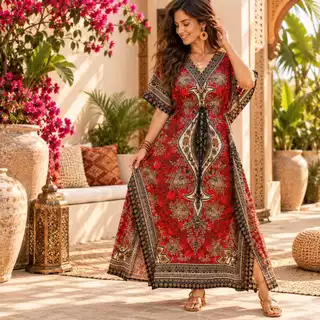 Vestido Kaftan Feminino Longo Indiano Confortável Visual Moderno Passeio Moda Praia Estampa Variadas