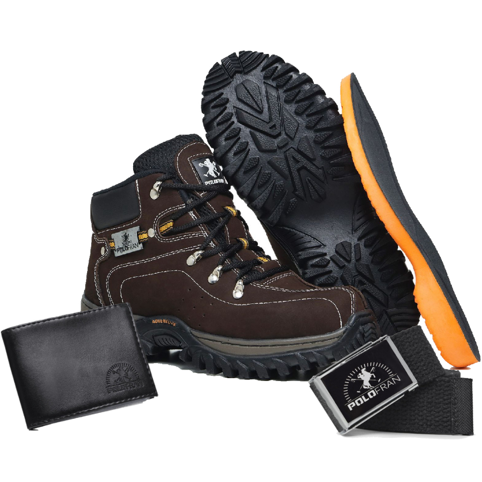Kit Bota Adventure Polo Fran Masculina Marrom Botina + Palmilha +Carteira + Cinto