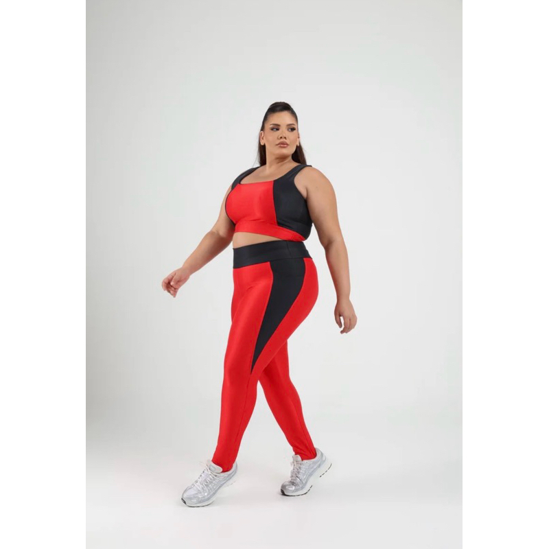 Conjunto Calça Bicolor Fitness Plus Size Poliamida Canelada Premium com Bojo Zero Transparência G 46/48 GG 50/52omm