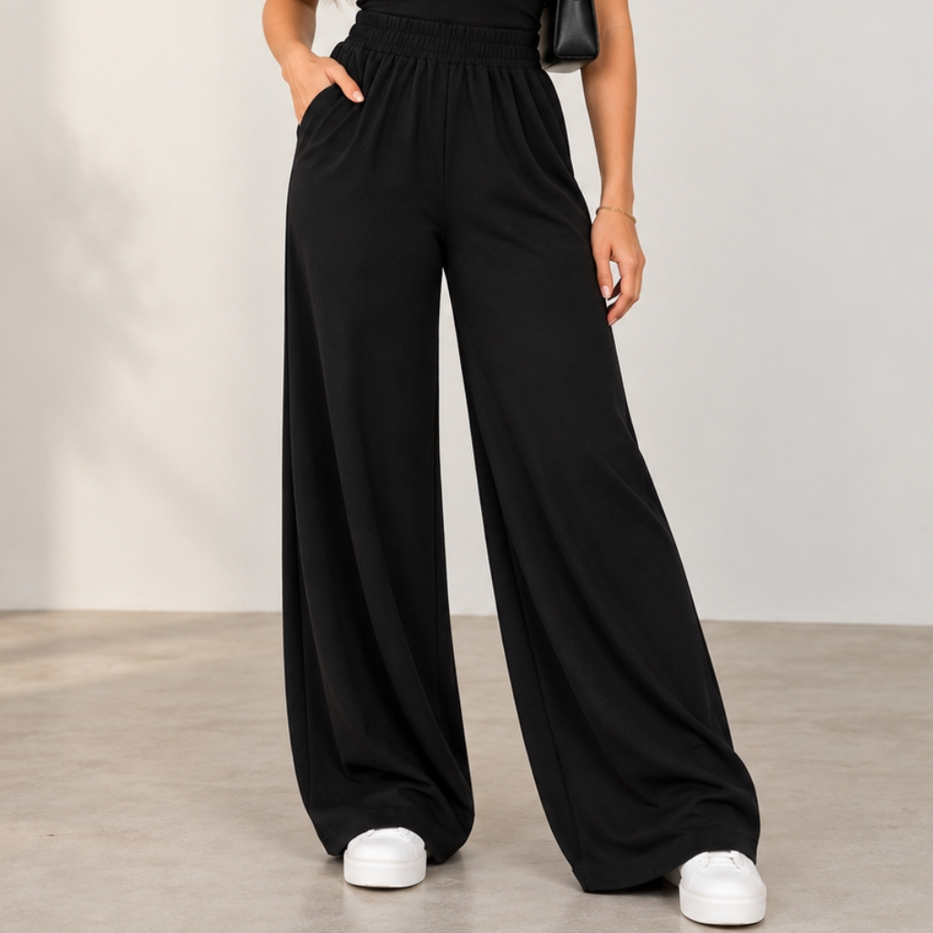 Calça Pantalona Duna Feminina Básica Lisa Com Bolso Cintura Alta Confortável