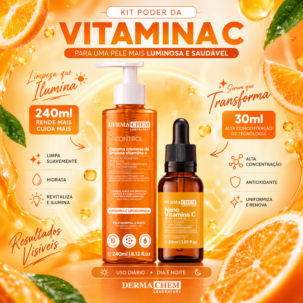 Lançamento Espuma Cremosa de Limpeza Facial 240ml Vitamina C + Serum Nano Dermachem
