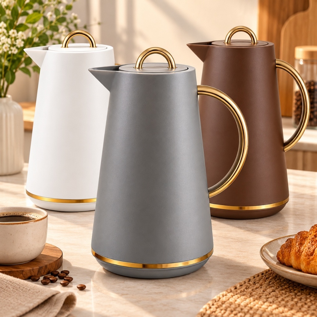 Garrafa Térmica Café Samira 1L Branca Cinza e Marrom C/ Dourado Chá Água Moderna Mesa Posta