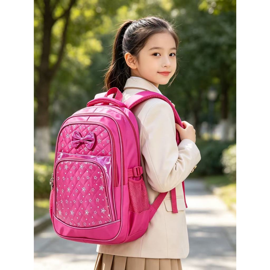 Mochila Infantil Feminina com Laço, Estrelas e Detalhes em Brilho, Resistente, para Meninas Escola