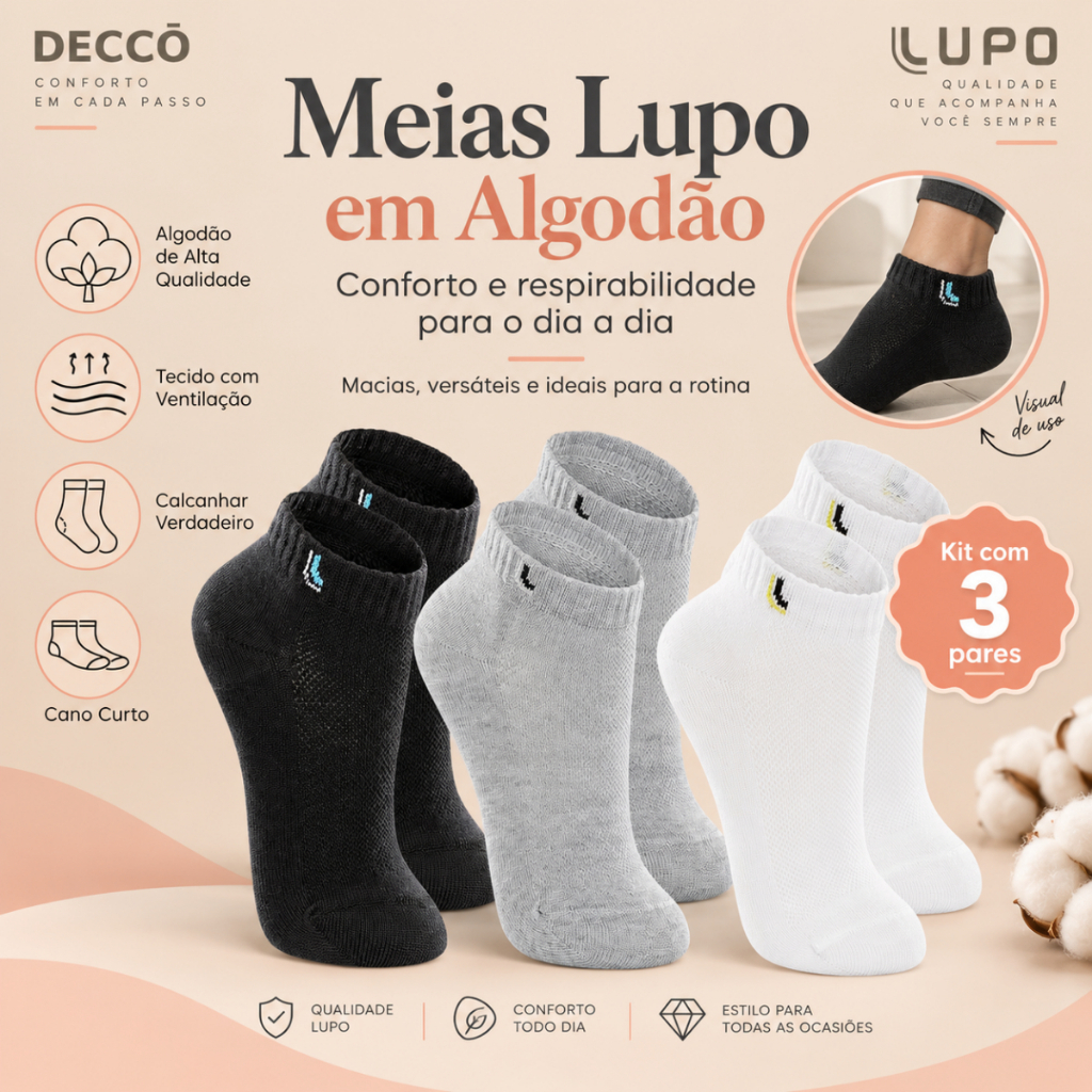 Kit De 3 Pares Meias Lupo Kids Infantil Cano Curto Algodão Tamanho 24 ao 35