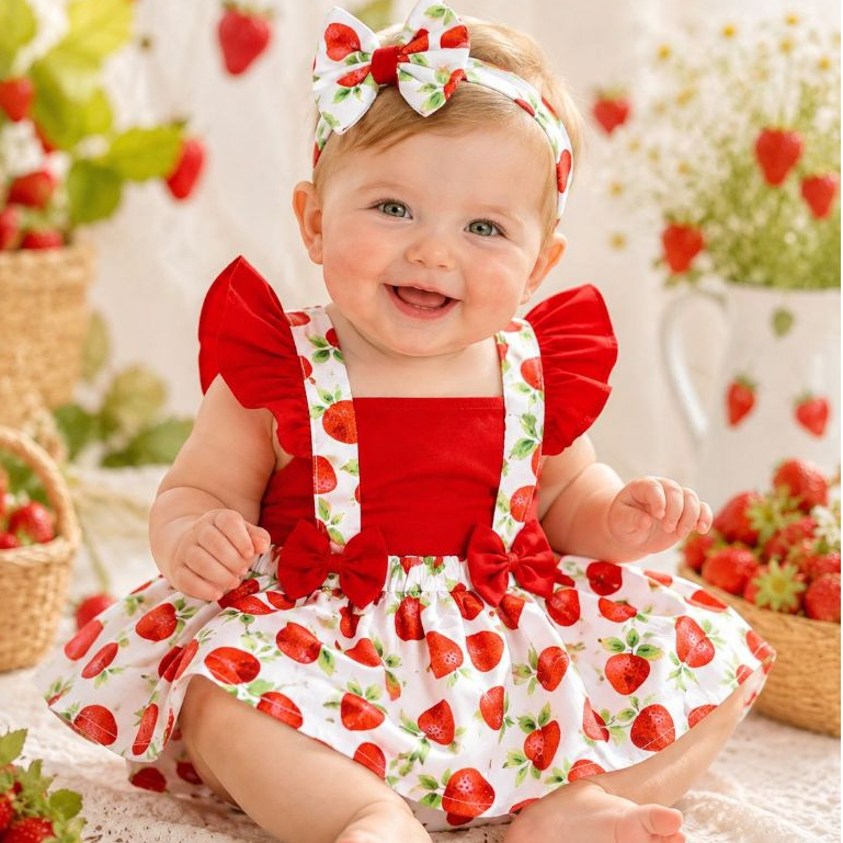 Jardineira Romper Bebê Menina Saia Morango com Tiara 100% Algodão Babados Laços Confortável Festa Verão Passeio Infantil