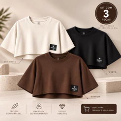 Kit 3 Cropped Oversize Feminino 100% Algodão Confortável Academia Casual