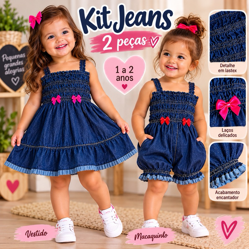 Kit Jeans Infantil Menina 2 Peças – Vestido + Macaquinho 1 a 2 Anos — imagem 2 de 2