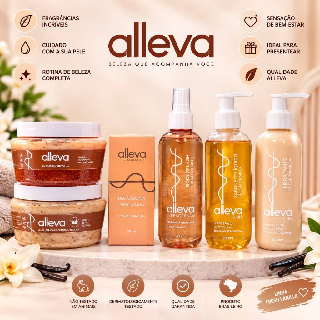 esfoliante + colónia + hidratante + body splash + sabonete - Kit Banho Premium Alleva Vanilla 5itens