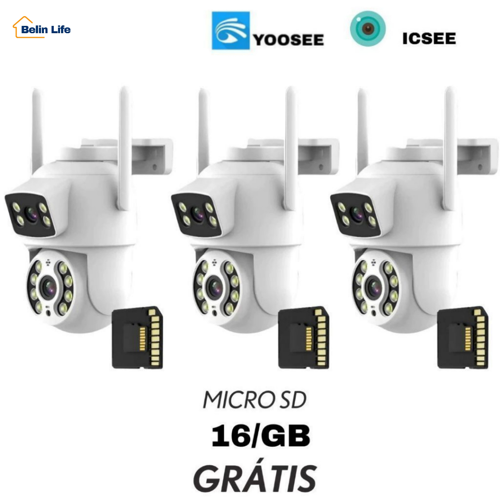 Kit 3 Câmeras de Segurança Wi-Fi Externas 360° IP66 Dupla Lente Visão Noturna com 3 MicroSD 16GB