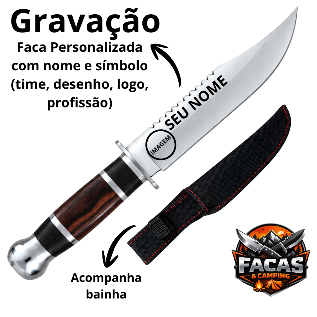 Faca de Churrasco Personalizada Gravada com Nome e Figura Aço Inox e Bainha