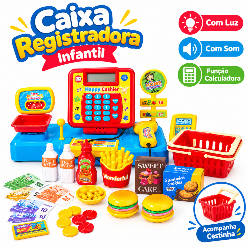 Kit Caixa Registradora Rosa C/ Acessórios E Scanner Interativo Luz e Som