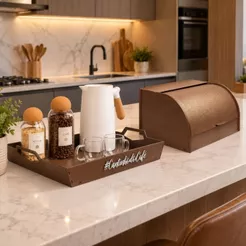 Conjunto Bandeja Apoio Com Alças + Caixa Porta Pão Organizador De Bancada Cantinho Do Café Cozinha